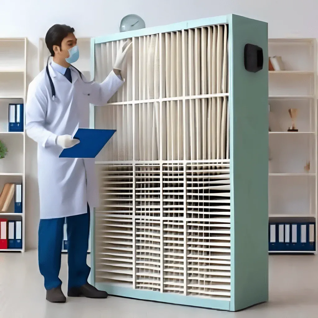Technician inspecting a HEPA air filter in a hospital air filtration unit